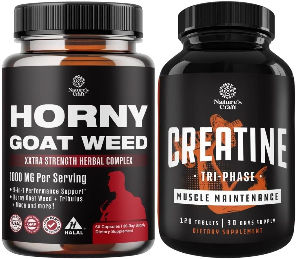 Bundle of Horny Goat Weed Extract Complex for Men and Women Enhanced Energy and Stamina and High Strength Tri Phase Creatine Pills - Optimal Muscle Builder Creatine Supplement for Men and Women