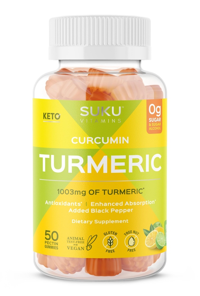 SUKU Turmeric Curcumin Sugar Free Gummies with 1003mg Turmeric - Μαύρο πιπέρι προστατεύει το συκώτι, βελτιώνει την πέψη, την αντίδραση φλεγμονής & κοινή υγεία – Λεμόνι Lime Flavour (50 Gummies)