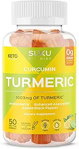 SUKU Turmeric Curcumin Sugar Free Gummies with 1003mg Turmeric - Μαύρο πιπέρι προστατεύει το συκώτι, βελτιώνει την πέψη, την αντίδραση φλεγμονής & κοινή υγεία – Λεμόνι Lime Flavour (50 Gummies)