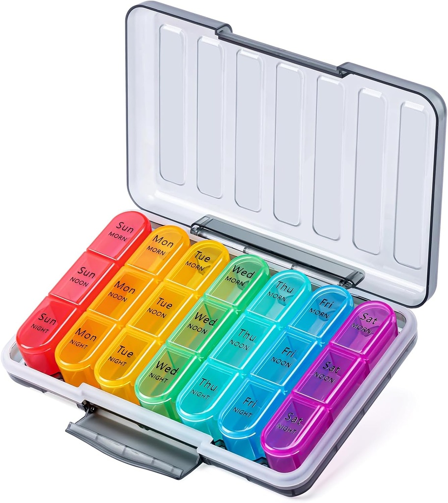 Odaro Pill Organizer 3 φορές την ημέρα - Φορητό εβδομαδιαίο κουτί ιατρικής με 7 ξεχωριστά εμπορευματοκιβώτια, Travel 7 Day Pill Box, μαύρο