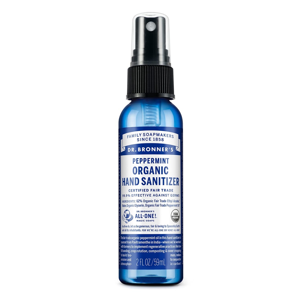 Dr. Bronner's - Organic Hand Sanitizer Spray (Peppermint, 2 Ουγγιά) - Απλή και αποτελεσματική Φόρμουλα, Καθαρίζει & Καθαρίζει, Χωρίς Χημικά Βρύα, Ενυδατώνει και Καθαρίζει Χέρια