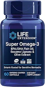 Επέκταση ζωής Super Omega-3 EPA/DHA Fish Oil, Sesame Lignans & Olive Extract – Καρδιά Υγεία, Εγκεφαλική Υγεία, Φλεγμονή Υγεία Υποστήριξη, Χωρίς γλουτένη, Enteric-Coated, Μη ΓΤΟ, 60 Softgels