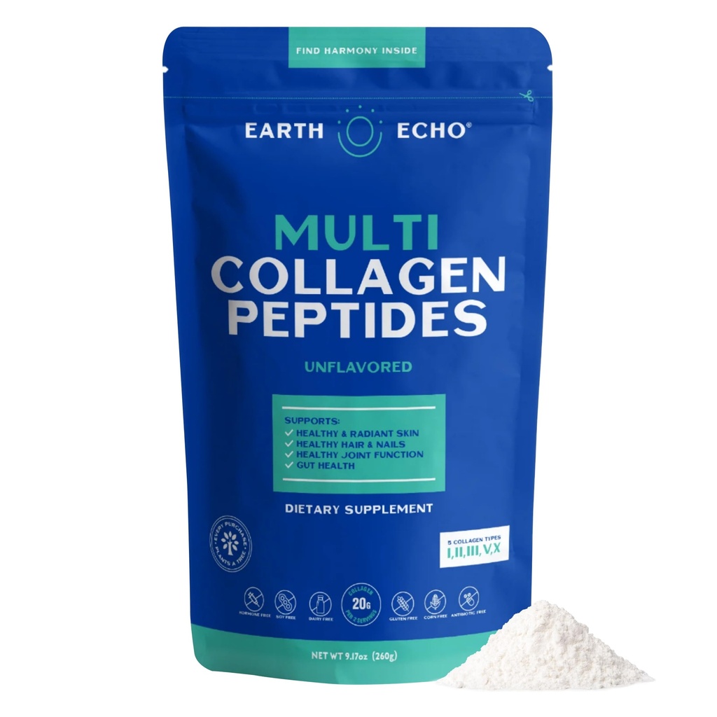 Earth Echo Multi Collagen Peptides, Hydrolyzed Collagen with Vitamin C and Hyaluronic Acid, υποστηρίζει Radiant Skin, Healthy Joints, Gut Health and Immune Function, Dairy-Free, 26 Υπηρεσίες