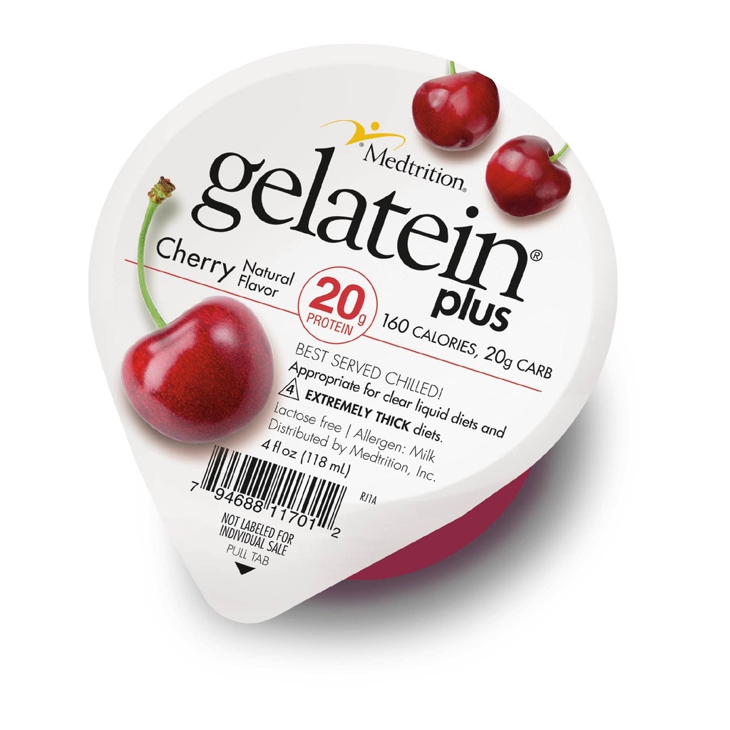Ζελατιίνη Plus Cherry: 20 γραμμάρια πρωτεΐνης. Ιδανικό για διαυγείς δίαιτες υγρών, δυσκολίες κατάποσης, αιμοκάθαρση και ογκολογία. Ωραίο προ-εργασίας σνακ. (12 συσκευασία)