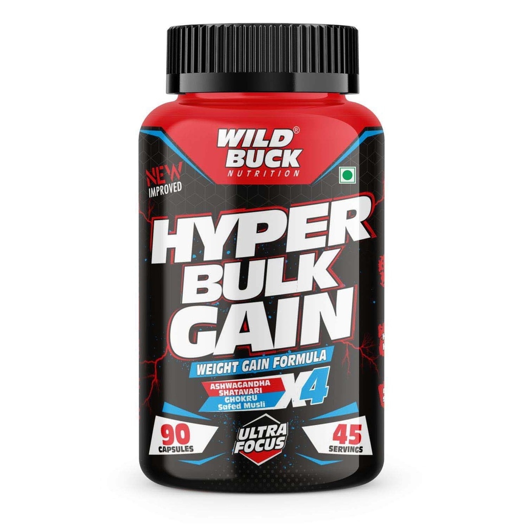 WILD BUCK Hyper Bulk Gain Mass & Weight Gainer Capsule For Fast Weight & Muscle Gain,Daily Muscle Building Weight Supplement For Muscle Growth,Stamina & Strength,For Men & Women- 90 Cap,1 Count