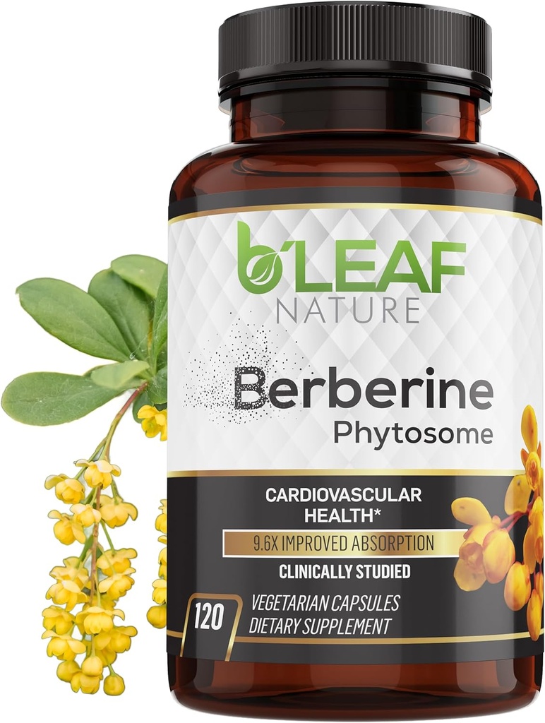 B’Leaf Nature Φυτοσώματα βερβερίνης, 120 κάψουλες – 1100mg συμπλήρωμα βερβερίνης για τη μεταβολική και καρδιοαγγειακή υποστήριξη – Vegan, Gluten-free, non-GMO Φυτοσώματα κάψουλες βερβερίνης για την ανοσοποιητική ευεξία