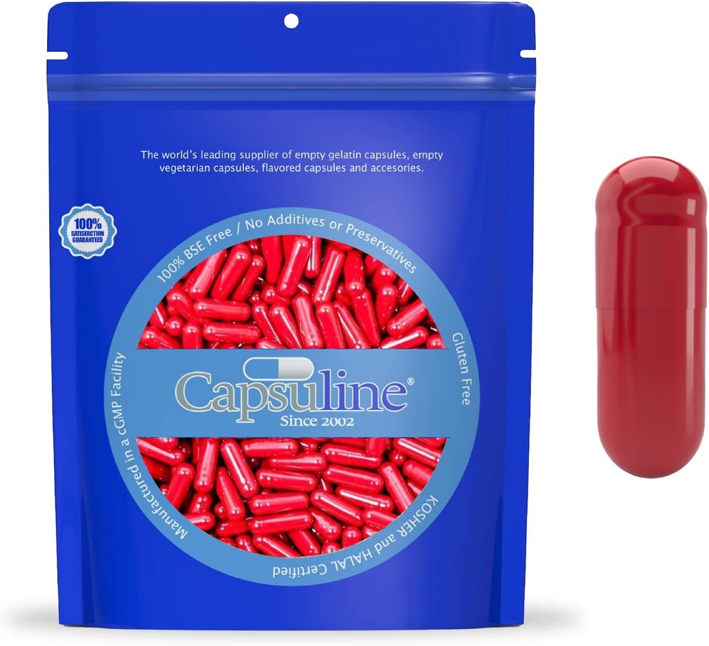 Capsuline μέγεθος 0 - Χρωματιστά κόκκινα άδεια κάψουλες Ζελατίνη - 500 κόμης - Κενές κάψουλες χάπια Gel - DIY καθαρό χάπι βοοειδών κάψουλα πλήρωσης - άδειο καπάκια - Kosher και Halal Certified