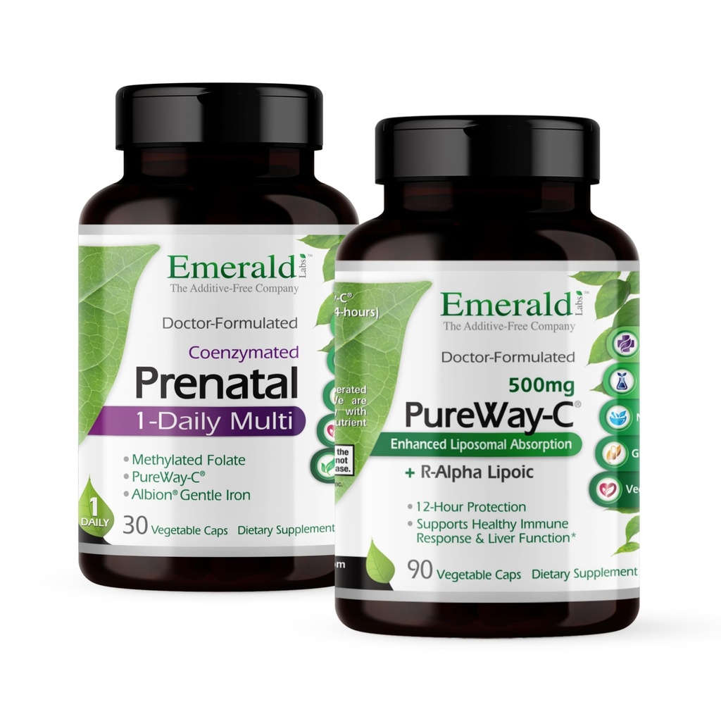 Emerald Labs Bundle με προγεννητική 1-Daily Multi (60 Veg Caps) & PureWay-C (90 Veg Caps) - Προγεννητική πολυβιταμίνη με μεθυλιωμένο φολικό, σίδηρο & περισσότερο* - Συμπλήρωμα βιταμίνης C με R-Alpha Lipoic Acid*