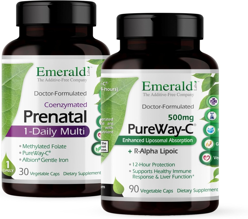 Emerald Labs Bundle με προγεννητική 1-Daily Multi (60 Veg Caps) & PureWay-C (90 Veg Caps) - Προγεννητική πολυβιταμίνη με μεθυλιωμένο φολικό, σίδηρο & περισσότερο* - Συμπλήρωμα βιταμίνης C με R-Alpha Lipoic Acid*