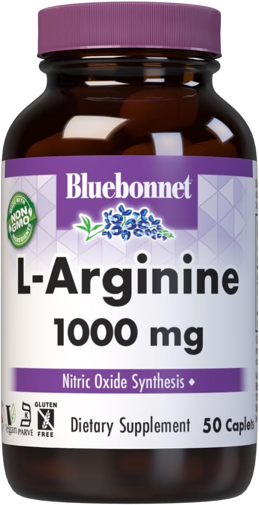 Bluebonnet Nutrition L-αργινίνη 1000mg, Free-Form Amino Acid, Nitric Oxide Precursor, Gluten-free, μη-GMO, Kosher Certified, Vegan, 50 Caplets, 50 εξυπηρετούν