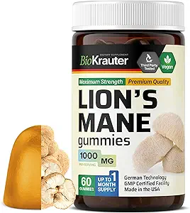BIO KRAUTER Lions Mane Gummies for Adults - 1000 mg Strength - 60 Vegan Mushroom Supplement Chews - Lions Mane Supplement for Brain - Gelatine-Free