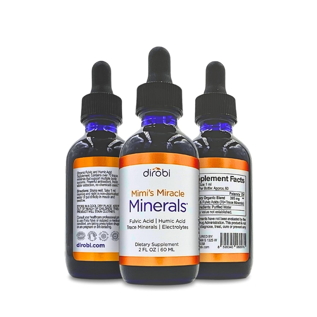 Dirobi Mimi's Miracle Minerals Fulvic Acid Humic Acid - Συμπλήρωμα σταγόνων ορυκτού μείγματος, Liquid Trace Minerals 70 Ιωνικά Ορυκτά - Βιολογικό φυτό που προέρχεται (2 oz 60 Day Supply)