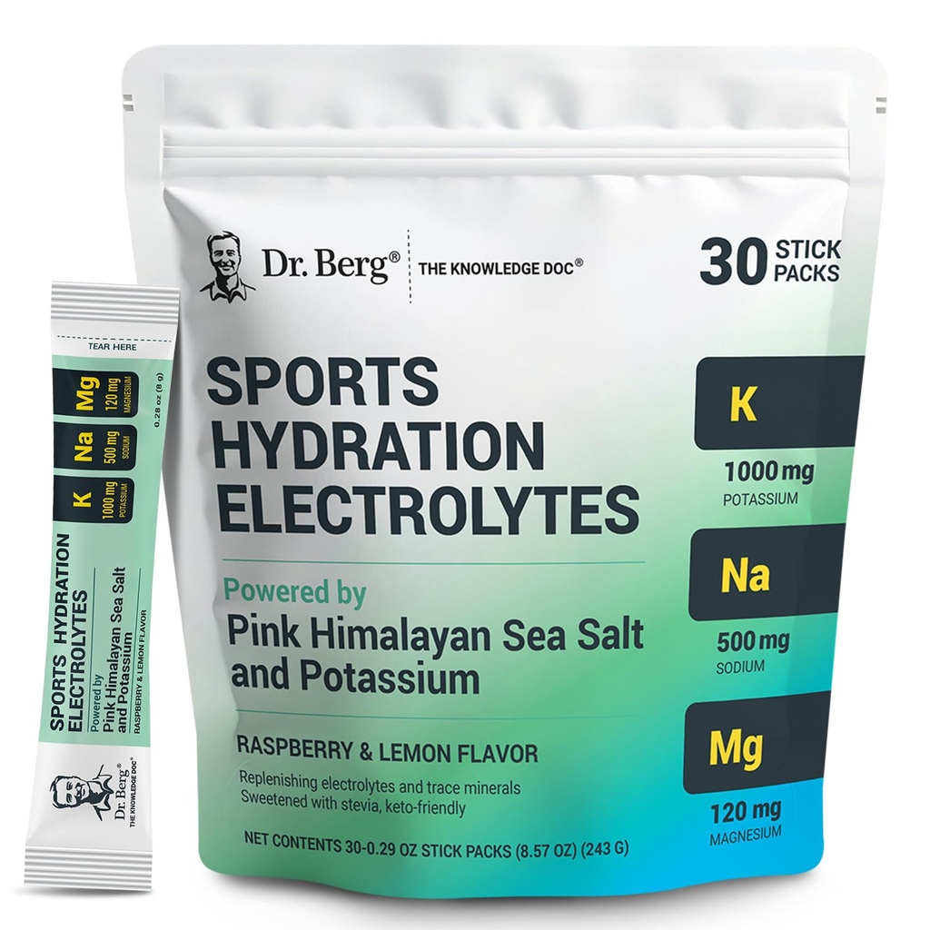 Dr. Berg Sports Hydration Electrolytes Powder w/More Salt (Pink Himalayan) - 30 Keto Electrolytes Powder Packets w/a Delicious Salty Raspberry & Lemon Flavor - Περιλαμβάνει 1.000mg Κάλιο