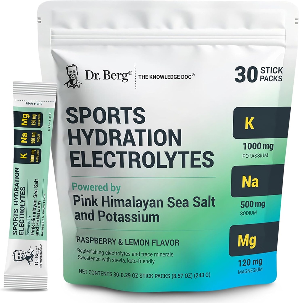 Dr. Berg Sports Hydration Electrolytes Powder w/More Salt (Pink Himalayan) - 30 Keto Electrolytes Powder Packets w/a Delicious Salty Raspberry & Lemon Flavor - Περιλαμβάνει 1.000mg Κάλιο