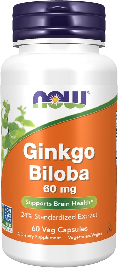 NOW Συμπληρώματα Τροφίμων, Ginkgo Biloba 60 mg, 24% Standardized Extract, Μη ΓΤΟ Έργο Επαληθευμένο, 60 κάψουλες Veg