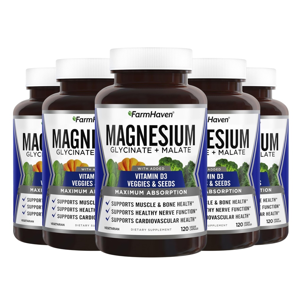 FarmHaven Magnesium Glycinate & Malate Complex w/ Vitamin D3, 100% Χηλικό για μέγιστη απορρόφηση, Vegan – Υγεία των οστών, νεύρα, μύες, 600 κάψουλες, 300 ημέρες