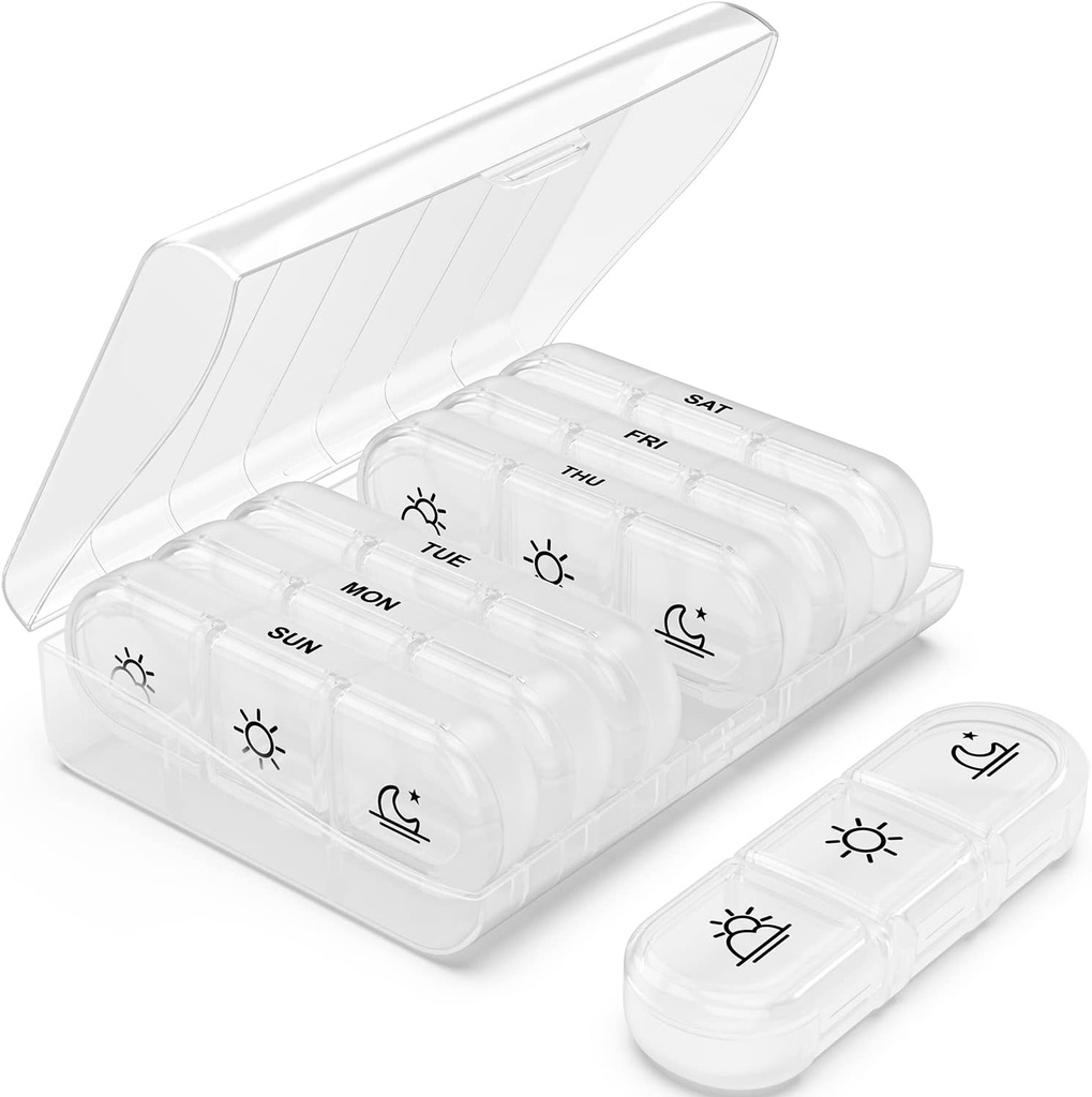 PULIV Weekly Pill Organizer 3 φορές την ημέρα, Portable Travel Pill Box 7 Day with Large Pill Containers, Light-Proof Pill Case for Vitamins, Medication, Συμπληρώματα και ιχθυέλαια (White)