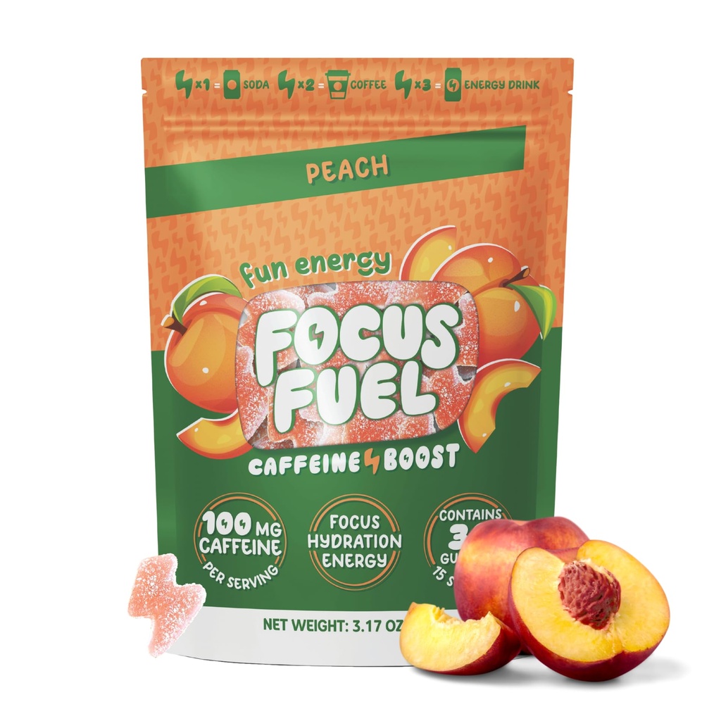 FocusFuel Energy Chews – Ροδάκινο Γεύση (15 μερίδες) – 100mg καφεΐνη + Alpha GPC+ L-Θεανίνη + B12, Μαγνήσιο – Ομαλή Εστίαση & Ενέργεια – Χωρίς Κρασί ή Jitters