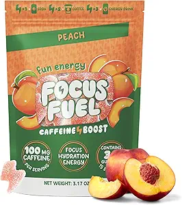 FocusFuel Energy Chews – Ροδάκινο Γεύση (15 μερίδες) – 100mg καφεΐνη + Alpha GPC+ L-Θεανίνη + B12, Μαγνήσιο – Ομαλή Εστίαση & Ενέργεια – Χωρίς Κρασί ή Jitters