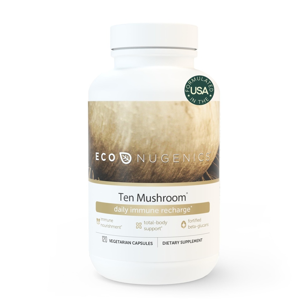 EcoNugenics Ten Mushroom Supplement: Καθημερινή Ανοσολογική Υποστήριξη, 120 κάψουλες – Λεοντένιο Μάνε, Reishi, Cordyceps, Turkey Tail – Ενέργεια, Υγεία των Ούλων, Ήπαρ, Νεφρική, Χοληστερόλη & Nootropic Brain Support