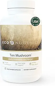 EcoNugenics Ten Mushroom Supplement: Καθημερινή Ανοσολογική Υποστήριξη, 120 κάψουλες – Λεοντένιο Μάνε, Reishi, Cordyceps, Turkey Tail – Ενέργεια, Υγεία των Ούλων, Ήπαρ, Νεφρική, Χοληστερόλη & Nootropic Brain Support