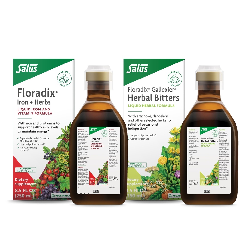 Floradix by Salus Gallexier Herbal Bitters (8,5 oz) & Iron & Herbs (8,5 oz) Bundle - Βότανο Πιπέρι για την Digestive Υποστήριξη* - Συμπλήρωμα σιδήρου για την Υγιή Ενεργειακή Υποστήριξη*