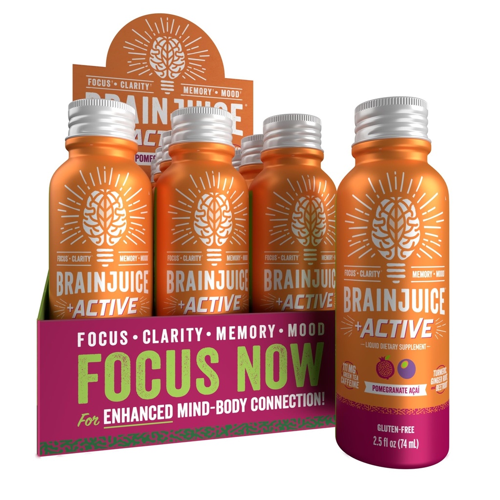 BrainJuice Active Focus & Energy Drink Shots, υποστηρίζει αντοχή, ανάκτηση & σαφήνεια, μη GMO, Χωρίς γλουτένη, Nootropics, Alpha GPC, B Βιταμίνες & Βιολογικό Πράσινο Τσάι, Ρόδι Acai, 2,5 fl oz, 12 Pack