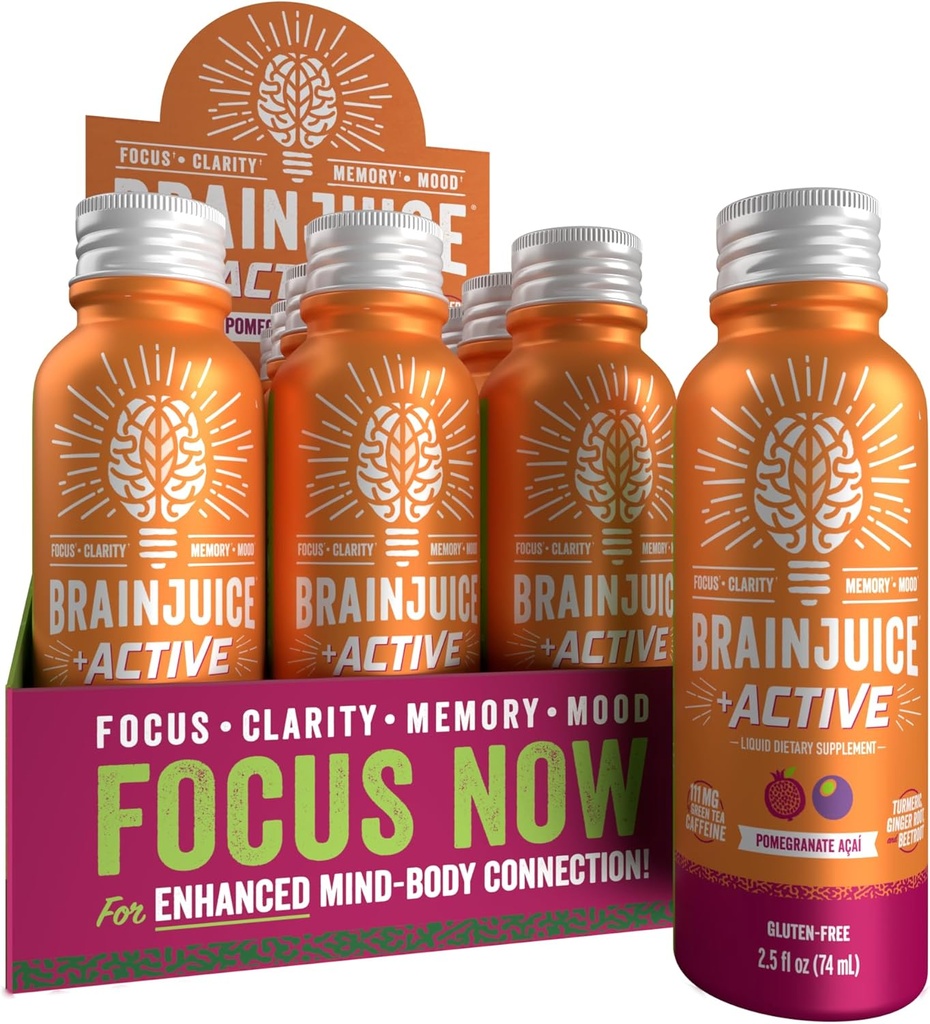BrainJuice Active Focus & Energy Drink Shots, Supports Endurance, Recovery & Clarity, Non-GMO, Gluten Free, Nootropics, Alpha GPC, B Vitamins & Organic Green Tea, Pomegranate Acai, 2.5 fl oz, 12 Pack