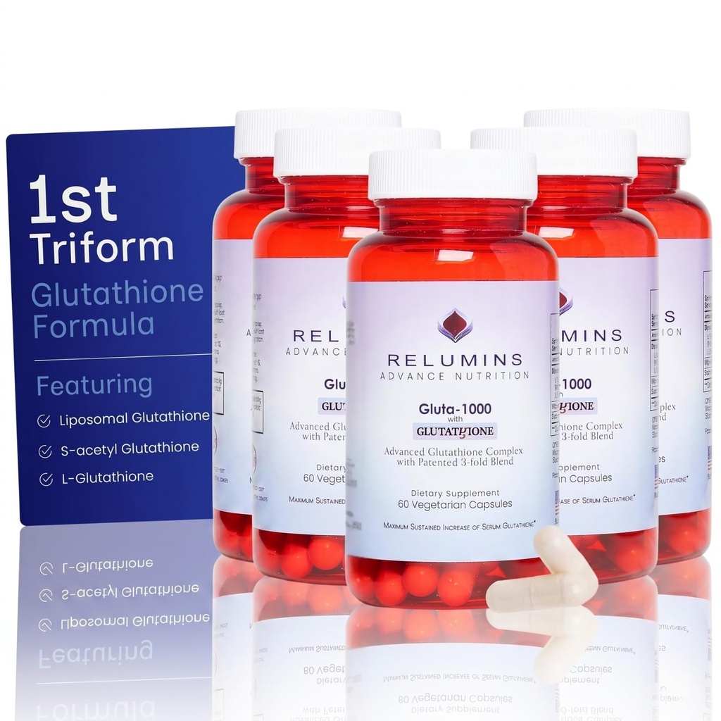 Relumins L Glutathionone Supplement Complex - Μειωμένη γλουταθειόνη 1000mg με Alpha Lipoic Acid & Rose HIPS κάψουλες για Nourished & Smoothier Δέρμα, 60 Caps x 5 Φιάλες