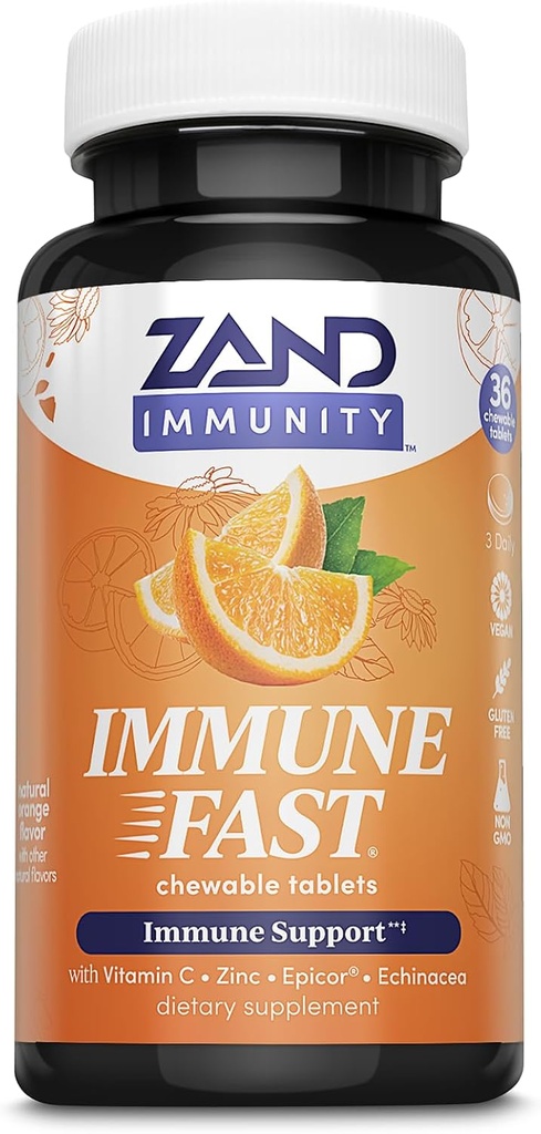 ZAND Immunity Immune Fast Zesty Orange Chewables - συμπλήρωμα υποστήριξης του ανοσοποιητικού w/Epicor Fermented Yeast, Βιταμίνη C 1000mg, Ψευδάργυρος, Echinacea - Μη ΓΤΟ, Vegan, Χωρίς γλουτένη, 60-Ημέρες Εγγύηση, 10 Μερίδες