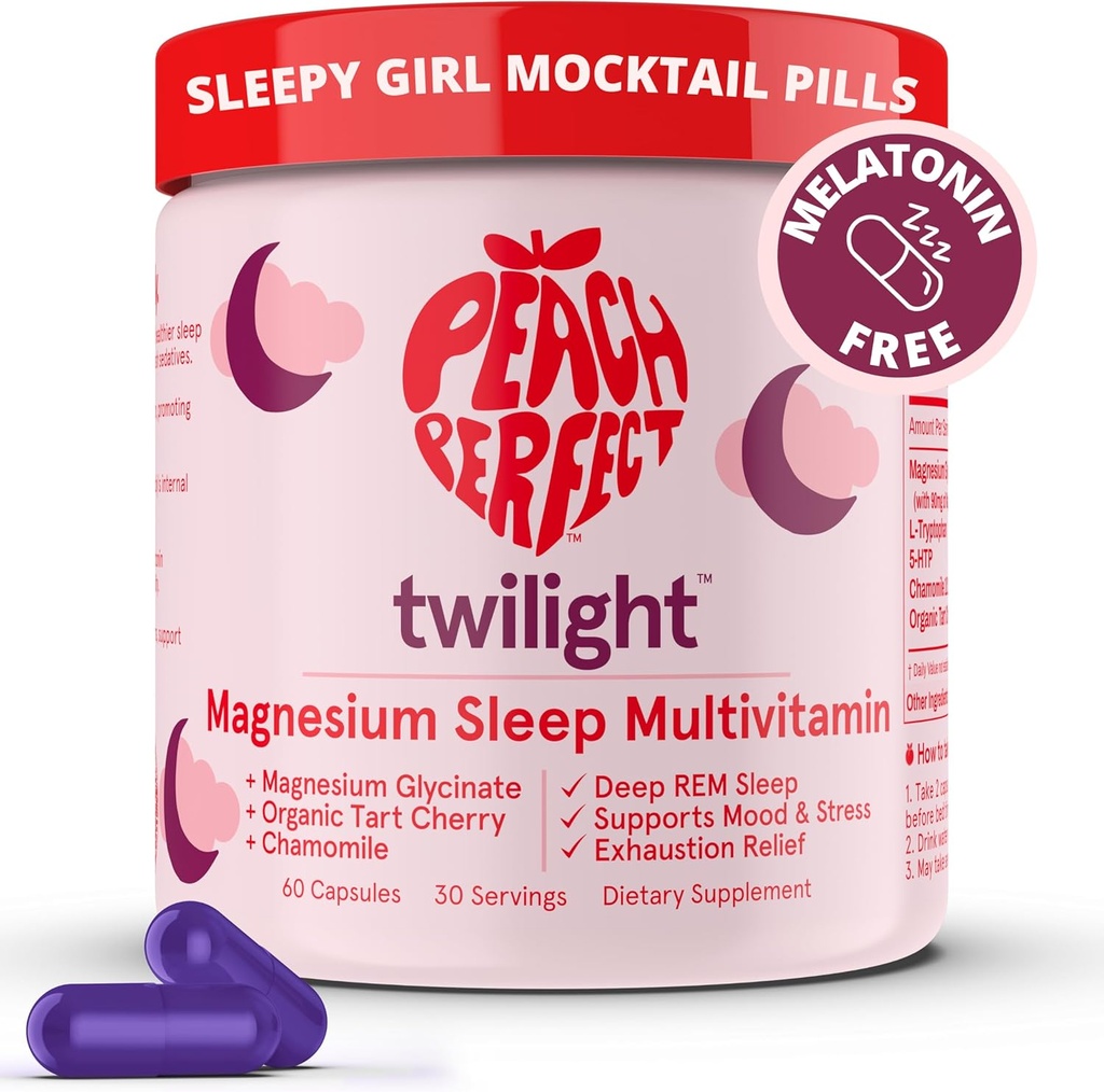 Peach Perfect Twilight Magnesium Glycinate Sleep Multivitamin Magnesium Supplement with Organic Tart Cherry, Chamomile, 5-HTP, L-Tryptophan, Natural Sleepy Girl Mocktail, 60 Capsules, 30 Servings