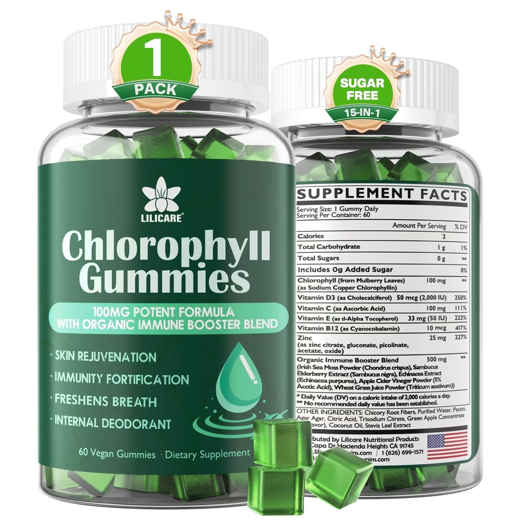 Chlorophyl Gummies - Super Green με το σιτάρι χόρτο, θαλάσσια Moss, Unfiltered ACV & Elderberry, Echinacea, σύμπλοκο ψευδάργυρου & βιταμίνη D3, C, E, B12 για το φυσικό αποσμητικό, ανοσοποιητικό & υποστήριξη πέψης, 60 μάσημα