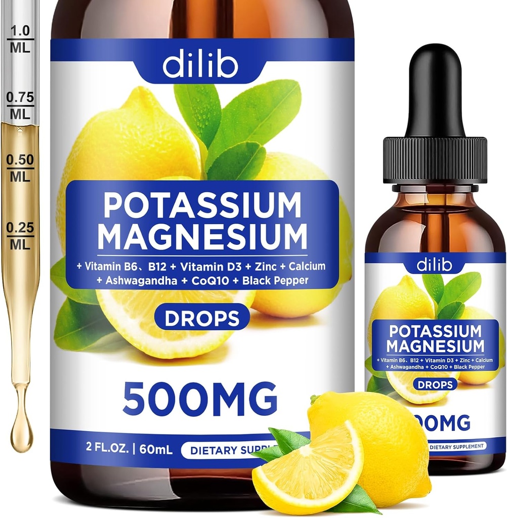 Potassium Magnesium Citrate Supplement, Liquid Magnesium Citrate Drops 500mg with Ashwagandha, Calcium, Zinc, Vitamin D3, B6, B12, CoQ10 - Vegan 2 fl oz Lemon Flavor
