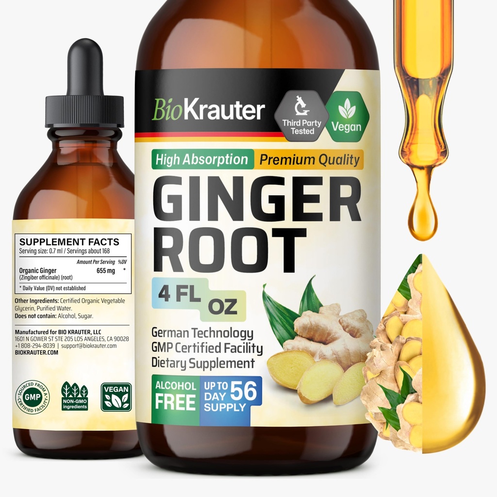 BIO KRAUTER Ginger Root Extract - φυσικά συμπληρώματα Ginger για τη συνολική ευεξία - Αλκοόλ και ζάχαρη δωρεάν - Vegan σταγόνες 4 fl.Oz.