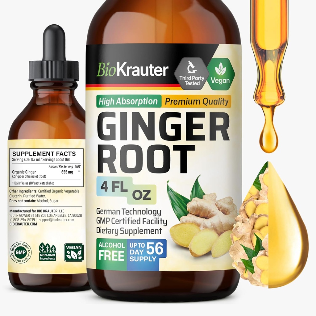 BIO KRAUTER Ginger Root Extract - Natural Ginger Supplements for Overall Wellness - Alcohol and Sugar Free - Vegan Drops 4 Fl.Oz.