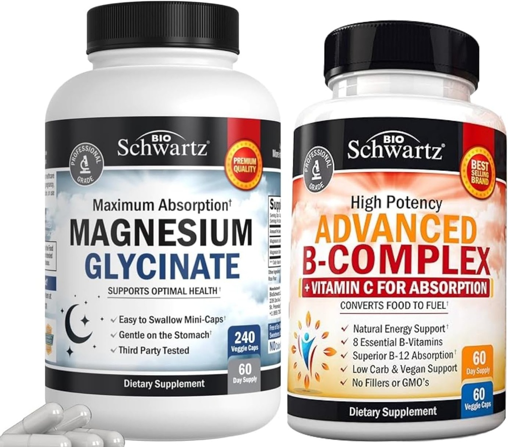 BioSchwartz Υψηλή Απορρόφηση Μαγνήσιο Γλυκινικό 500mg Κάψουλες (2 Μήνες Προσφορά) Συν Βιταμίνη Β Σύμπλεγμα με Βιταμίνη C (2 Μήνες Προσφορά)