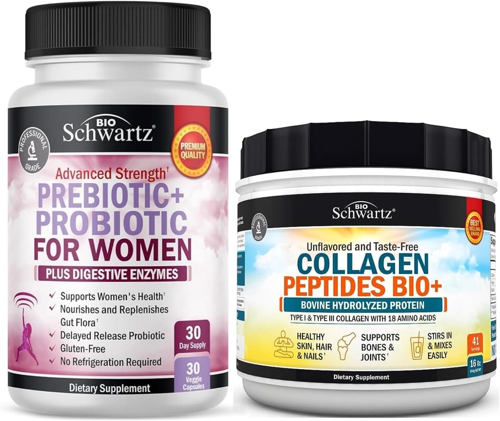 BioSchwartz Hydrolyzed Collagen Peptides Peptides Powder (40+ Servings) Plus Πρεβιοτικά και Προβιοτικά με Digestive Ένζυμα για γυναίκες (1 Μήνας Προμήθεια)