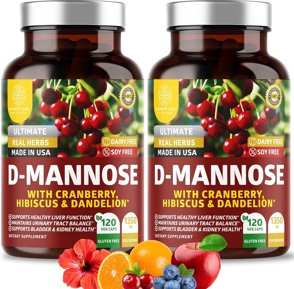 Number One Nutrition Premium D Mannose συμπλήρωμα για γυναίκες και άνδρες [Max Strength, 1350MG] Φυσικό D-Mannose με Cranberry, Hibiscus και Dandelion για την ουρική τραχεία υγεία, 240 Count