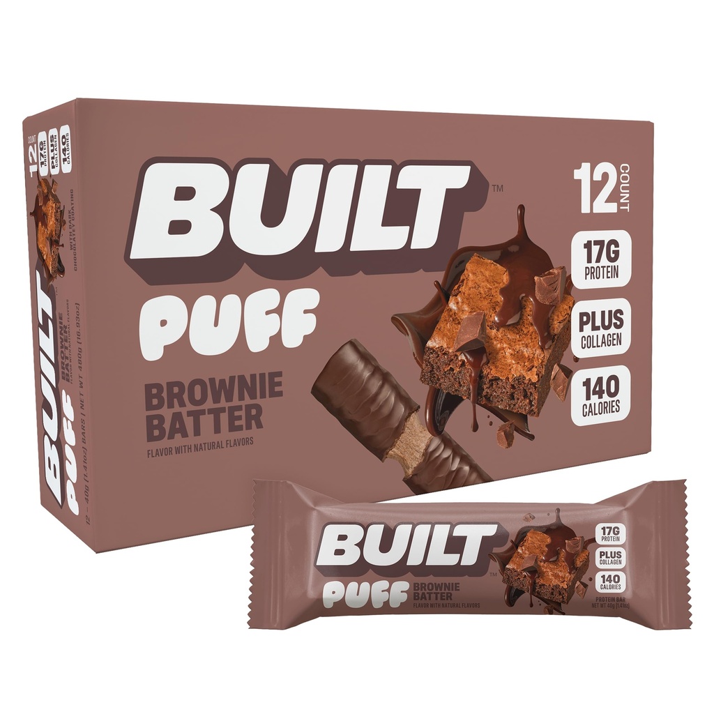 Χτισμένο Bar, Puff Protein Bars, Brownie Batter Puff, 17g Σνακ πρωτεϊνών, On-The-Go Bars, Μόνο 140 θερμίδες, 6g ζάχαρη, κολλαγόνο, χωρίς γλουτένη, 12 κόμης