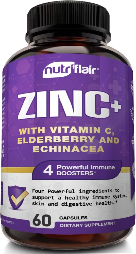 NutriFlair Zinc 50mg - with Vitamin C, Elderberry, Echinacea Purpurea Extract, Zinc Oxide - Compare with picolinate, Citrate, Oxide - Complete Immune Support Formula Pills with 4 Immune Defense