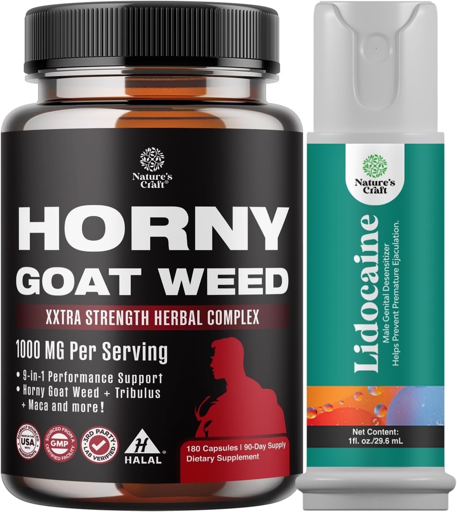 Bundle of Horny Goat Weed for Men - Extra Strength Male Supplement, and Lidocaine Desensitizing Topical Spray Climax Control for Longer Lasting Performance - Boost Endurance and Stamina Fast Acting