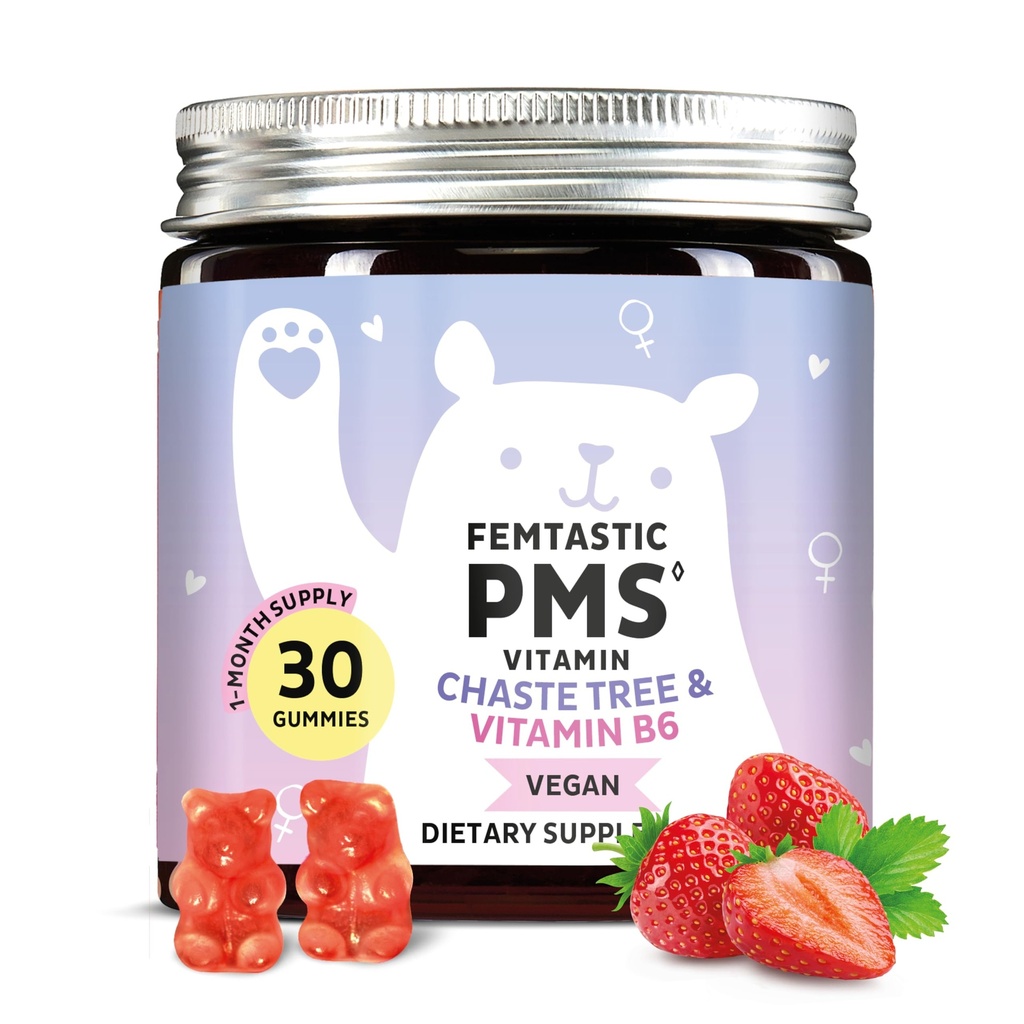 PMS Support Supplement for Women. Menstrual Relief Gummies to Target Hormonal Breakouts, Bloating, Period Cramps, & Mood Swings. Vegan, with Vitamin B6 & Lemon Balm, 30 Gummies