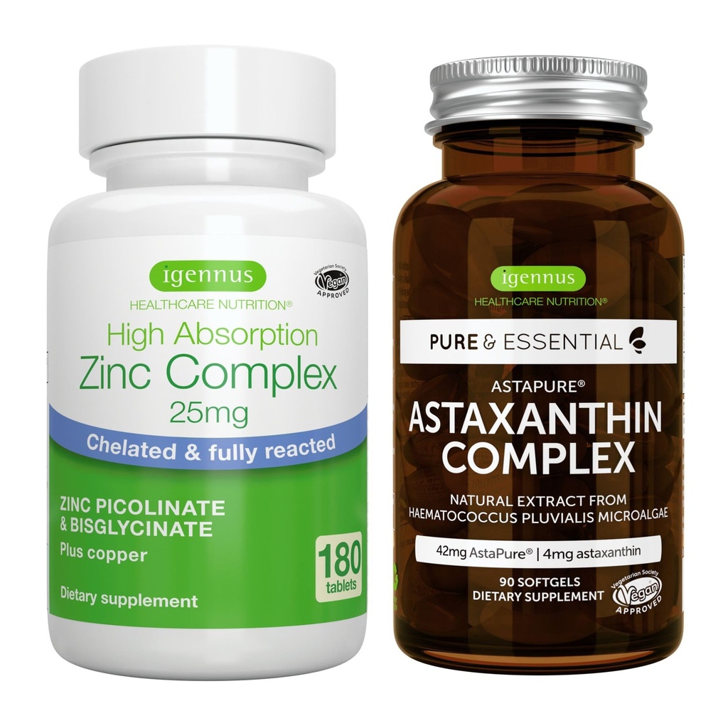 Συγκρότημα ασταξανθίνης + σύμπλοκο ψευδαργύρου Vegan Bundle, Αντιοξειδωτική Υποστήριξη για το δέρμα, τα μαλλιά και τα νύχια, από Igennus