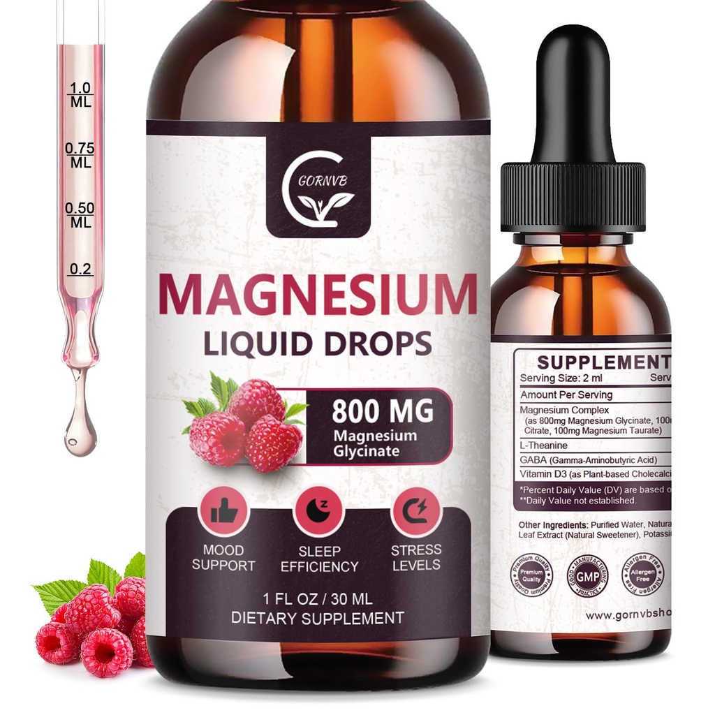 (2 Pack) Magnesium Glycinate Liquid Drops | 1000mg Liquid Magnesium Complex with D3, L-Thea & GABA for Energy, Sleep, Nerve and Heart Health, High Absorption, Raspberry Flavor