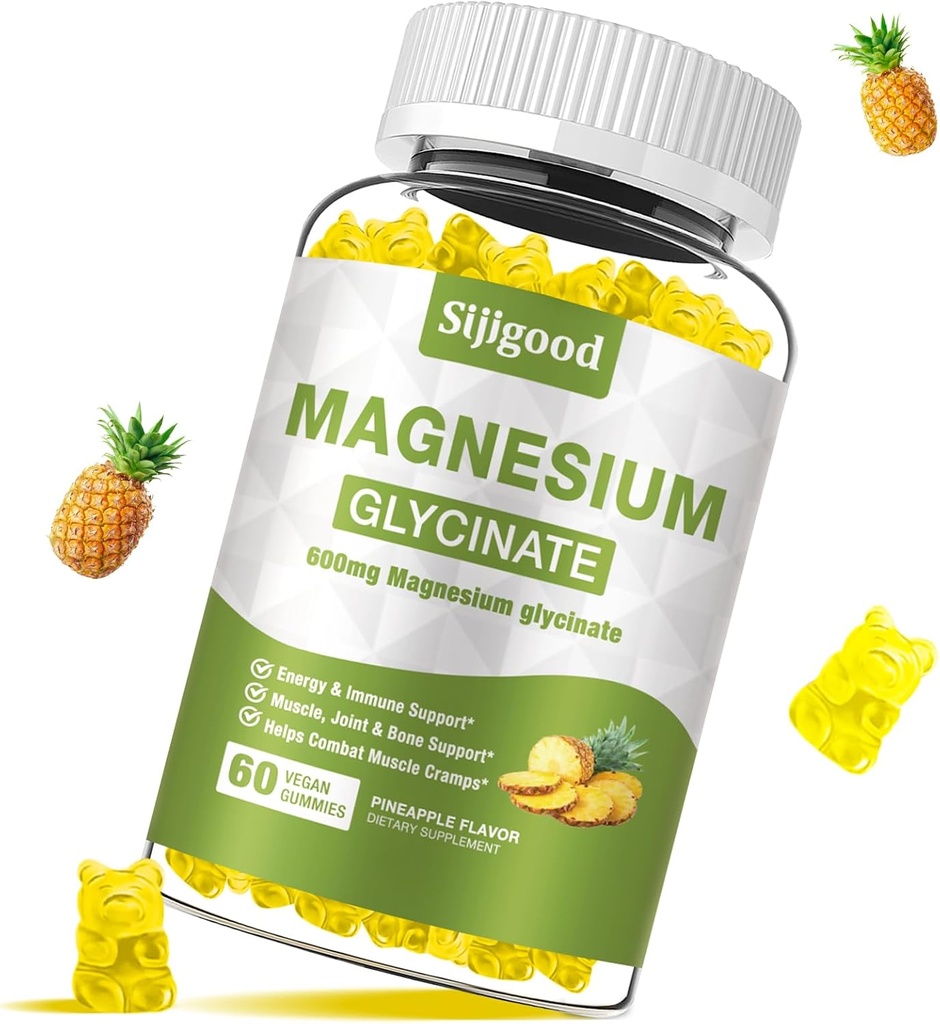 Μαγνήσιο Γλυκινικό Gummies 600mg, Relaxation & Zzz Υποστήριξη, Μαγνήσιο Κάλιο συμπλήρωμα για ενήλικες και παιδιά Χωρίς ζάχαρη, βιταμίνη C, B6 και CoQ10 Ανανάς Γεύση, 60 Count