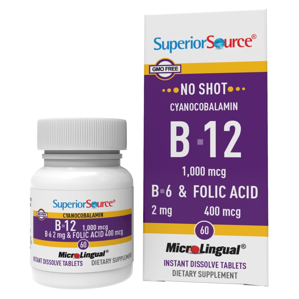 Superior Source No Shot Βιταμίνη B-12 Κυανοκοβαλαμίνη 1000 mcg, B-6, Φολικό οξύ 400 mcg - Υποστήριξη Εγκέφαλος & Καρδιά Υγεία - Βοηθά Επίπεδα Φυσικής Ενέργειας - 60 Υπογλώσσια Δισκία Διάλυσης