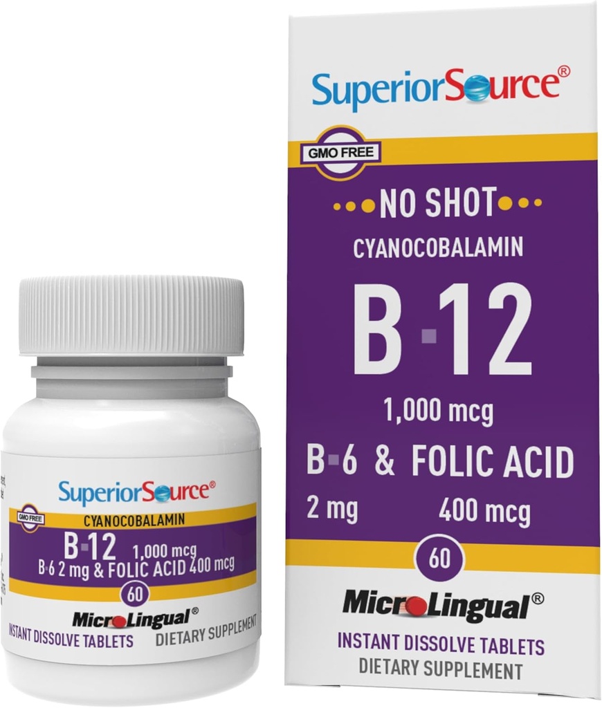 Superior Source No Shot Βιταμίνη B-12 Κυανοκοβαλαμίνη 1000 mcg, B-6, Φολικό οξύ 400 mcg - Υποστήριξη Εγκέφαλος & Καρδιά Υγεία - Βοηθά Επίπεδα Φυσικής Ενέργειας - 60 Υπογλώσσια Δισκία Διάλυσης