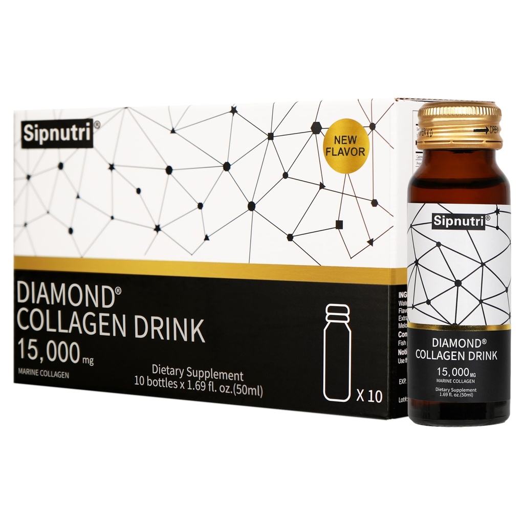 Diamond Liquid Collagen Drink, 15000 mg Hydrolyzed Marine Collagen Peptides with Vitamin C, Ρόδι, Healthy Hair Skin Nails Joints Bones Support, 50 ml x 10 Bottles