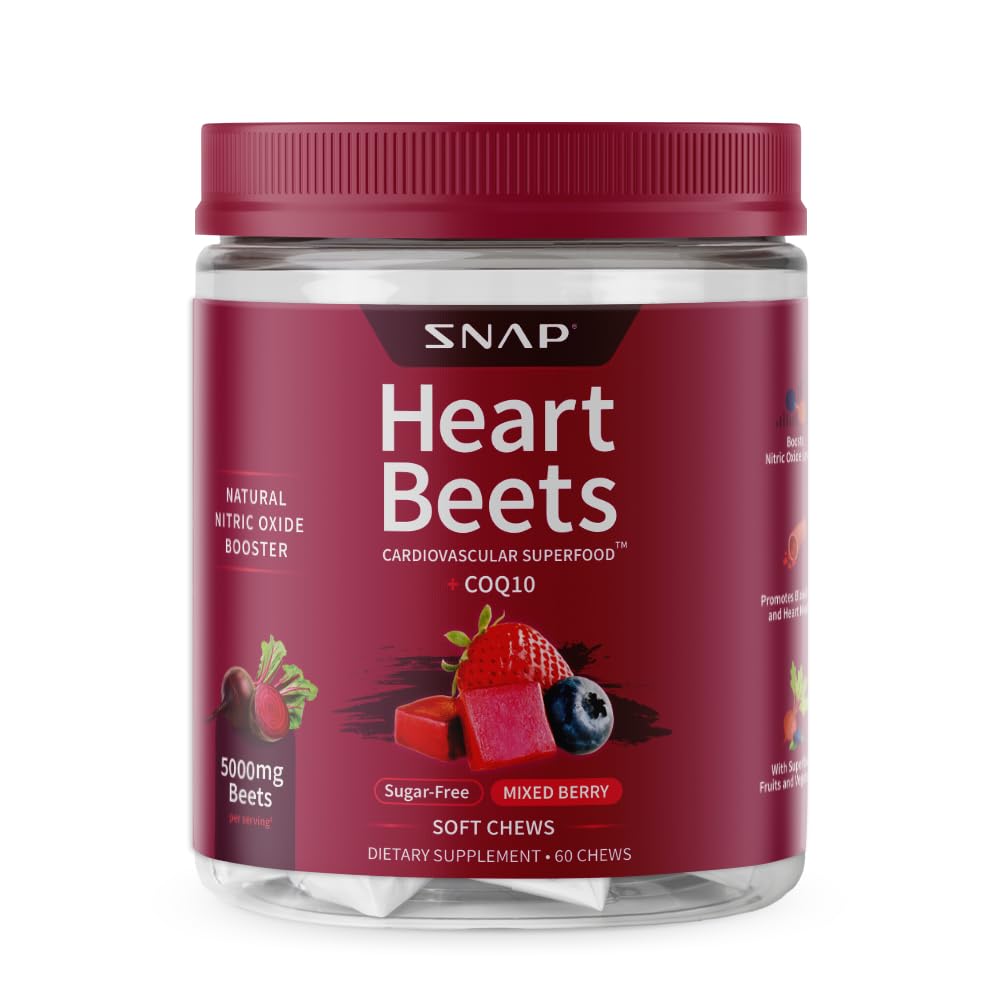 Snap Συμπληρώματα Heart Beets Βιολογικά Coet Root Soft Chews, Καρδιαγγειακό Συμπλήρωμα Υποστήριξης για Άνδρες & Γυναίκες, CoQ10 & Κόκκινο Σπανάκι, Heart Health & Circulation Υποστήριξη, Χωρίς ζάχαρη, Μικτό μούρο, 60 μάσημα