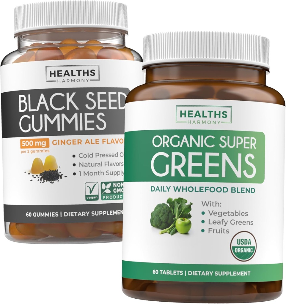 Black Seed Oil Gummies & Super Greens (1-Month) - Daily Green Boost - Black Seed Oil Gummies Ginger Ale Flavor Ψυχρό-Pressed Nigella Sativa & Βιολογικά Super Green Complete Super Food Supplement